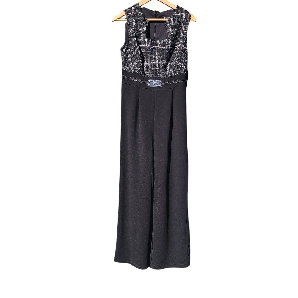 En Focus Studio Jumpsuit NWT Size 4 Black Tweed Wide Leg Belted Formal Elegant